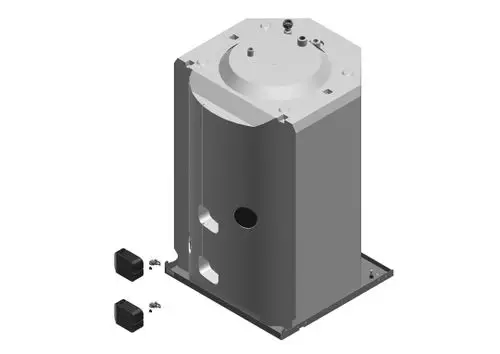 Bosch Behälter mit runder Oberseite und vertikalem, rechteckigem Körper. Im Bild sind zwei schwarze Platten und Schrauben neben dem Behälter zu sehen.